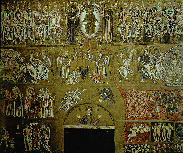Η Ημέρα της Κρίσεως. Βυζαντινό ψηφιδωτό του 12ου αιώνα στο Torcello της Ιταλίας. Το γεγονός ότι ο Χριστός ξήρανε την συκιά την οποία βρήκε χωρίς καρπούς, μας δείχνει ότι έτσι θα καταδικαστεί όποιος δεν έχει αρετές να Του παρουσιάσει.