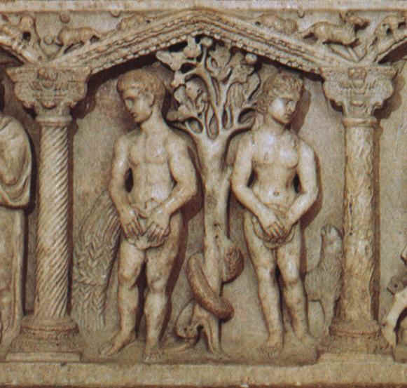 Η πτώση των πρωτοπλάστων. Ανάγλυφο από την σαρκοφάγο του Ιούνιου Βάσσου, έπαρχου της Ρώμης, ο οποίος πέθανε το 359. Ρώμη, Μουσείο της βασιλικής του Αγίου Πέτρου.