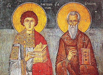 Saints Panteleimon and Hermolaus. Byzantine wall-painting of the late 13th century at the Church of Panagia Olympiotissa at Elassona, Greece.
