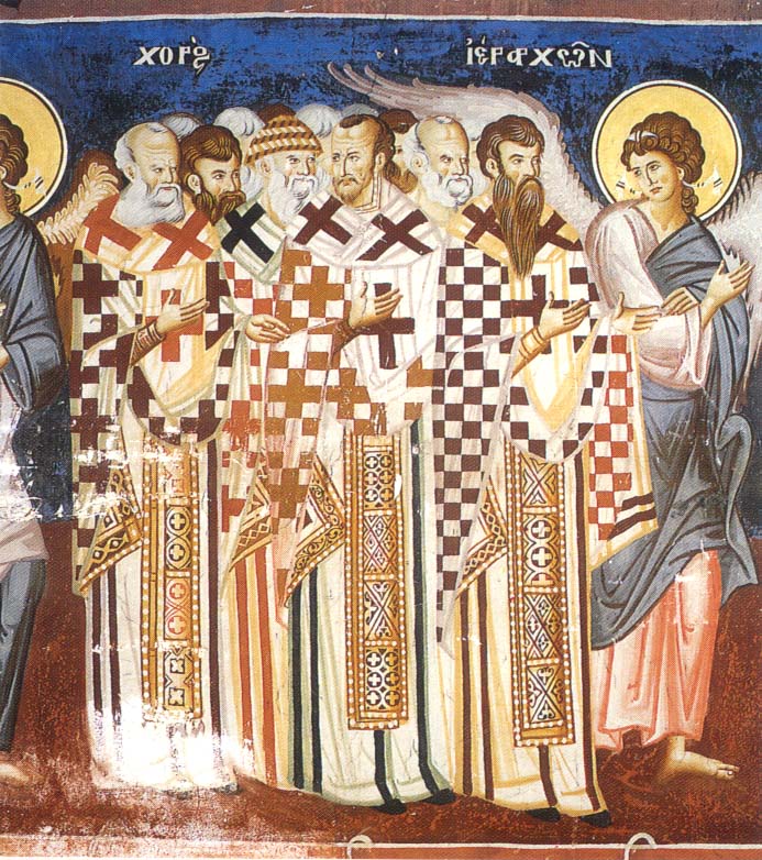 Fathers of the Orthodox Church. Fresco from the Holy Monastery of Vatopedi in Mount Athos (Holy Mountain)