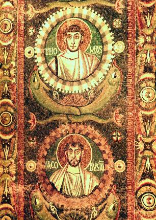 Οι απόστολοι Θωμάς και Ιάκωβος Αλφαίου. Ψηφιδωτό του 6ου αιώνα από την Ραβέννα.