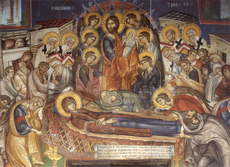 Η Κοίμηση της Θεοτόκου. Τοιχογραφία καθολικού Ι.Μ. Βατοπαιδίου (1312).