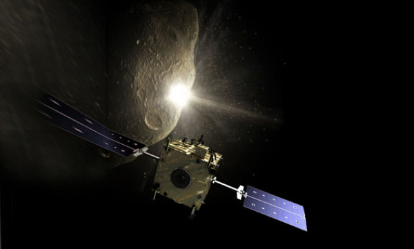 Καλλιτεχνική απεικόνιση της πρόσκρουσης της διαστημοσυσκευής Χιντάλγκο σε αστεροειδή, με στόχο την αλλαγή της πορείας του και την αποφυγή σύγκρουσης με τη Γη. Σε πρώτο πλάνο το διαστημόπλοιο Σάντσο, που παρατηρεί την επιχείριση. (πηγή: ESA)