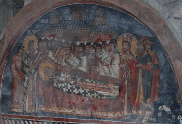 Τοιχογραφία. Κόσοβο, Πατριαρχείο του Ιππεκίου, Αναπαράσταση της κοίμησης του Αγίου Σάββα. (©Φωτογραφικό Αρχείο ΕΚΒΜΜ)