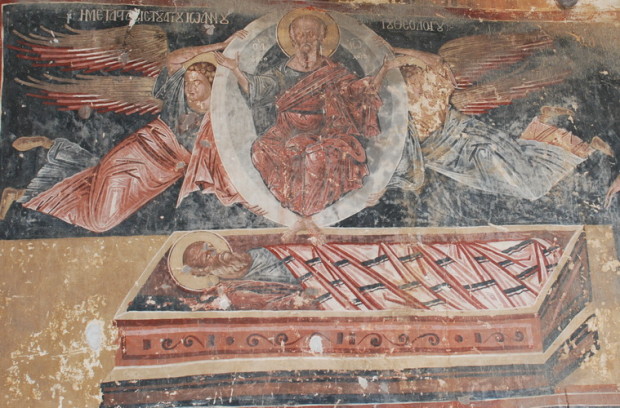 Τοιχογραφία.  Καστοριά, Ναός Παναγίας Μαυριώτισσας, Αναπαράσταση του Αγίου Ιωάννη του Θεολόγου στον τάφο. (©Φωτογραφικό Αρχείο ΕΚΒΜΜ)