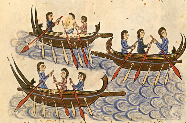 Μικρογραφία σε χειρόγραφο.  Κωπήλατα βυζαντινά πλοία.  (©Σύνοψις Ιστοριών Ιωάννου Σκυλίτζη, Ισπανία, Μαδρίτη, Εθνική Βιβλιοθήκη)