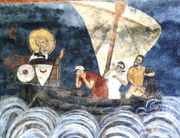 Τοιχογραφία. Βουλγαρία, Σόφια, Μονή Μπογιάνα, Αναπαράσταση βυζαντινού πλοίου. (©Φωτογραφικό Αρχείο ΕΚΒΜΜ)