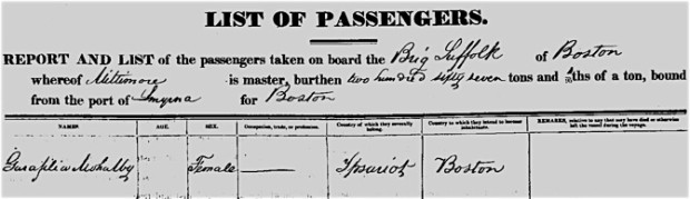 Η Γ. Μοχάλβη στον κατάλογο επιβατών του πλοίου Brig Suffolk που έφυγε από τη Σμύρνη το 1827 με προορισμό τη Βοστώνη. Την χαρακτηρίζει Ψαριανή