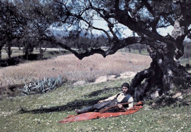 Ένας κυνηγός ξαπλώνει κάτω από ένα ελαιόδεντρο στην Κρήτη.