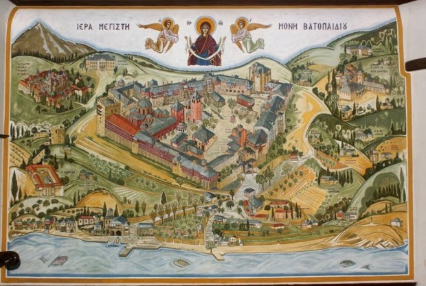 Το μοναστήρι με τα περισσότερα εξαρτήματά του στον Άθω. Ζωγραφισμένο επί τοίχου με χρώματα υδρυάλου.