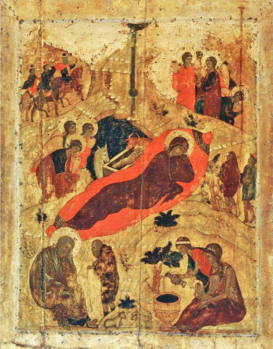 Ανάμεσα στα πρώιμα έργα του Ρουμπλιόφ είναι "Η Γέννηση του Χριστού', στον καθεδρικό ναό του Ευαγγελισμού της Θεοτόκου στη Μόσχα. Λάτρης του ζωντανού χρώματος μέσα σε μια φωτισμένη ατμόσφαιρα, ο δημιουργός του έργου "Η Γέννηση του Χριστού" δεν βλέπει τις μορφές και τις σιλουέτες ως επίπεδες κηλίδες, αλλά μάλλον, ως φωτεινή παρουσία από το μέλλον, σε αχανή χώρο. Τα πάντα φαίνεται πως είναι περιβεβλημένα με σημασία, αλλά και μεγάλη ελευθερία, τόσο χωρική όσο και πνευματική. / Η Γέννηση του Χριστού, 1405.