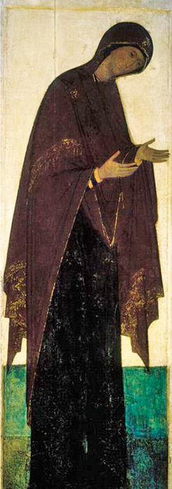 Στη Δέηση του Ρουμπλιόφ στον Καθεδρικό Ναό Κοιμήσεως, υπάρχει η απεικόνιση της νεαρής Παναγίας ντυμένης με σκούρα χρώματα που είναι ασυνήθιστα μινιμαλιστική, αλλά κατακτά με την αυστηρή, αρχοντική ομορφιά της. Οι βυζαντινοί καλλιτέχνες ζωγράφιζαν την Παναγία με διαφορετικό τρόπο, εκφράζοντας μια τραγική αρχή στην απεικόνισή της, όπου η Παρθένος δεν είναι τόσο νέα όπως του Ρουμπλιόφ και απεικονίζεται με βαρείς τόνους. Οι Ρώσοι καλλιτέχνες προσπαθούν να ανακινήσουν φωτεινά, χαρούμενα συναισθήματα στον θεατή. / Η Παναγία, 1408.