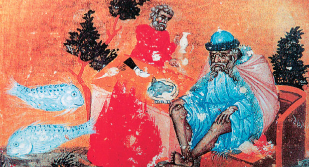 Μικρογραφία για τον Φλεβάρη σε βυζαντινό χειρόγραφο του 12ου αιώνα. Ο προσωποποιημένος μήνας απολαμβάνει τη φωτιά μ΄ένα καλό γεύμα (γουρουνοκεφαλή, χορταρικά και κρασί. Τον συνοδεύει η προτροπή «χόρταζε και πίνου...» -Πηγή -Φωτο: .ethnos.gr