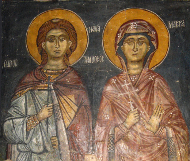 Οι άγιοι Τιμόθεος και Μαύρα. Τοιχογραφία του 15ου αιώνα στην Μονή Αγίας Μαύρας στο Κοιλάνι της Λεμεσού (Κύπρος).