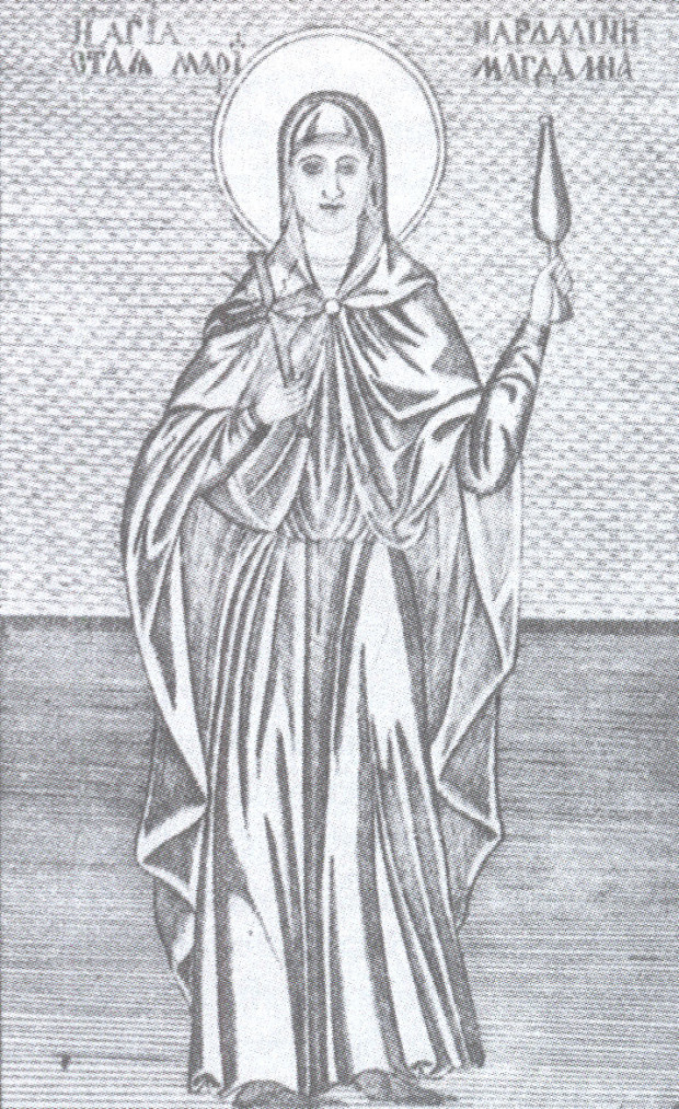 Η Αγ. Μαρία η Μαγδαληνή. Λεπτομέρεια χαλκογραφίας του 1870 με τη Μονή Σιμωνόπετρας. Από το βιβλίο του Παταπίου Μοναχού Αγιορείτου, “Αγία Μαρία η Μαγδαληνή: Αυτή που αγάπησε πολύ”, εκδ. Τέρτιος, 2005. 