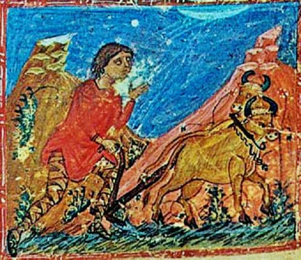  Ακρίτας οργώνει το στρατιωτόπι του  (Εικόνα από βυζαντινή μικρογραφία).