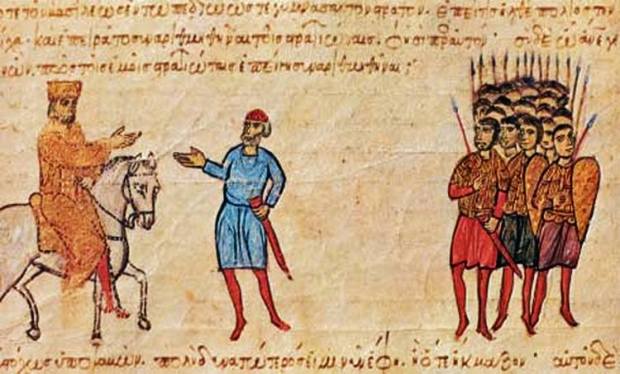 Eικόνα:.Ο αυτοκράτορας επιλύει διαφορές ανάμεσα σε στρατιωτικούς (Βυζαντινή μικρογραφία, Μαδρίτη, Εθνική Βιβλιοθήκη)