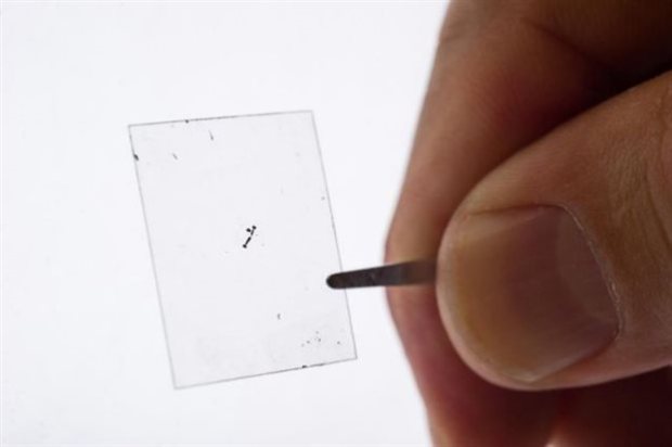 Το σκούρο σημαδάκι πάνω στη γυάλινη πλάκα είναι ένα δείγμα δισδιάστατου δισουλφιδίου του μολυβδενίου, το οποίο παράγει ηλεκτρική τάση όταν παραμορφωθεί. Credit: (Rob Felt/Georgia Tech)