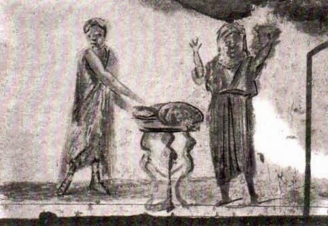Η Θεία Ευχαριστία, αλληγορική παράσταση στη Κατακόμβη του Αγίου Καλλίστου της Ρώμης (3ος αιών).