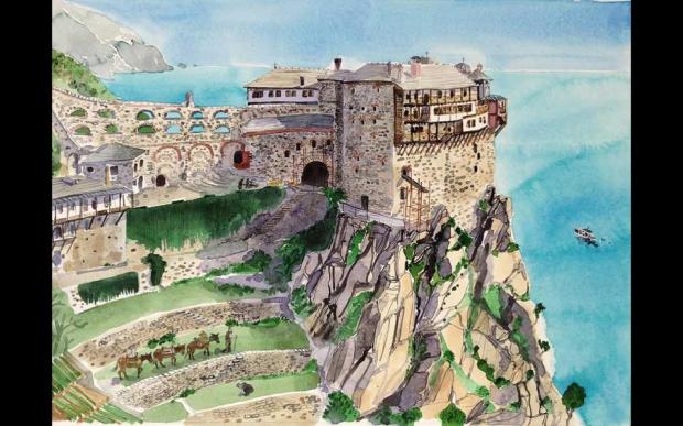 «Εκπληκτικοί κήποι σε αναβαθμίδες, που αντιστηρίζονται με ξερολιθιές, κατεβαίνουν κλιμακωτά ώς τη θάλασσα. Κάθε επίπεδο με συστήματα άρδευσης παράγει κηπευτικά προϊόντα υψηλής ποιότητας για τη μοναστική κοινότητα καθ’ όλη τη διάρκεια του έτους» («Οι κήποι της Σιμωνόπετρας», υδατογραφία/γκουάς).