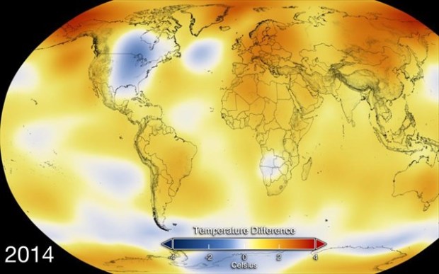 Ο χάρτης απεικονίζει μετρήσεις της παγκόσμιας θερμοκρασίας για το έτος 2014.