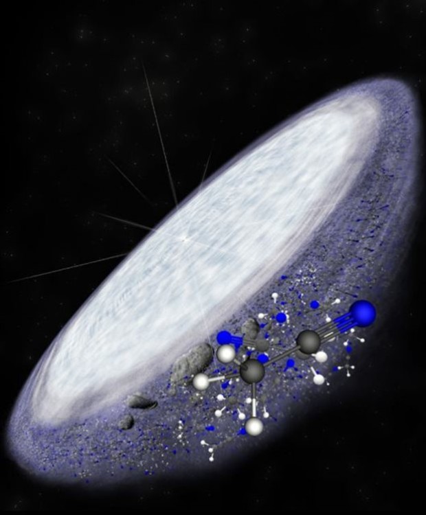 Καλλιτεχνική απεικόνιση του νεαρού άστρου και των οργανικών μορίων που βρέθηκαν σε αυτό. Credit: (B. Saxton (NRAO/AUI/NSF)
