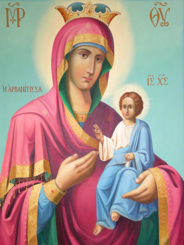 Η Παναγία Αρβανίτισσα αγιογραφηθείσα το 2008 μ.Χ. από την Μονή Κουτλουμουσίου Αγίου Όρους χωρίς διακόσμηση