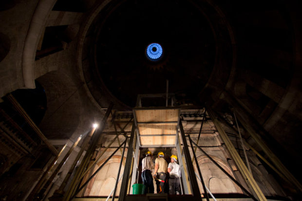 A Greek team of experts begin renovation of Jesus’ tomb in the Church of the Holy Sepulchre in Jerusalem's old city, Monday, June 6, 2016. A team of experts has begun a historic renovation at the spot where Christians believe Jesus was buried, overcoming longstanding religious rivalries to carry out the first repairs at the site in over 200 years. The project, which began Monday, will focus on repairing, reinforcing and preserving the Edicule — the ancient chamber housing Jesus' tomb in Jerusalem's Church of the Holy Sepulchre. It is the first such work at the tomb since 1810, when the shrine was restored and given its current shape following a fire. (AP Photo/Ariel Schalit)